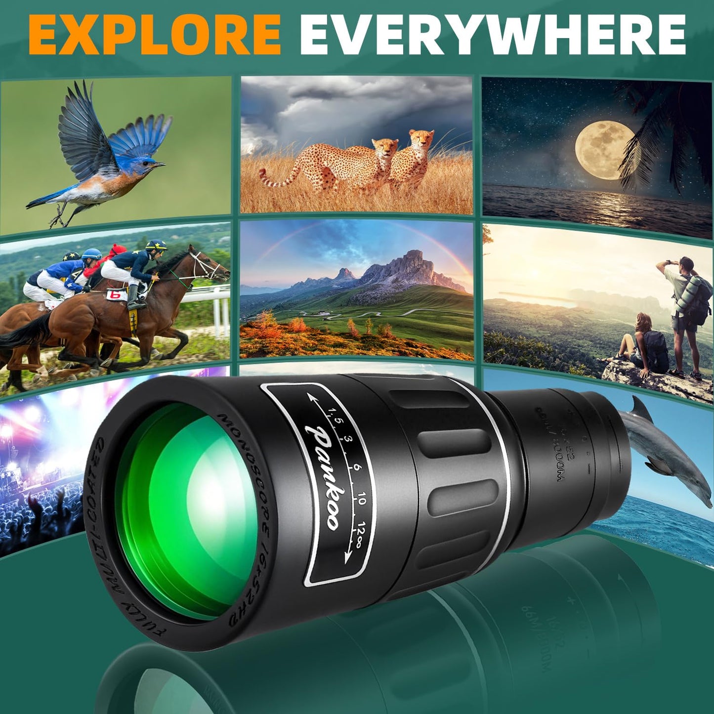 Pankoo 16X52 Monocular Telescope, 2025 High Power Prism Compact Monoculars for Adults Kids, HD Monocular Scope for Bird Watching Hiking Concert Travelling, D-Black