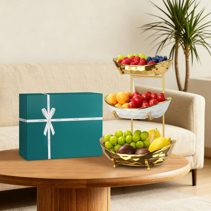LIJINGCHEN 3 Tier Fruit Basket for Kitchen Counter, Modern Ceramic Fruit Bowl with Gold Metal Stand, Tiered Fruit Tray for Countertop, Snacks, Nuts, Cakes, Desserts, Candy