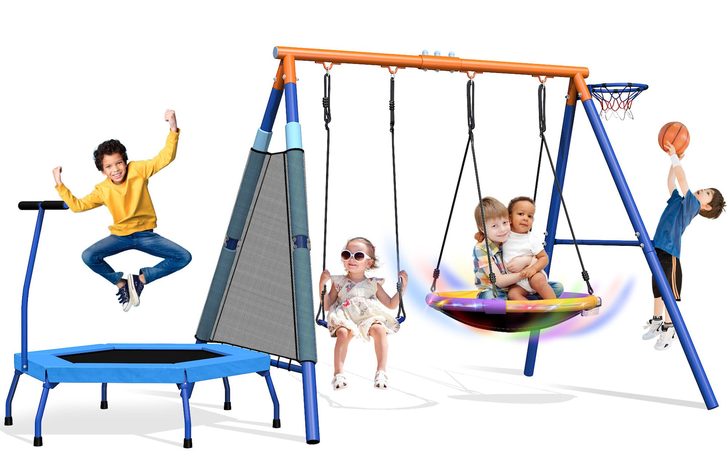5-in-1 Kids Swing Sets for Backyard with Trampoline, 880lbs Heavy-Duty A-Frame Stand Metal Outdoor with 32 inch Saucer & Belt Swing, 55 inch Trampoline, Basketball Hoop, Led Light & Anchors