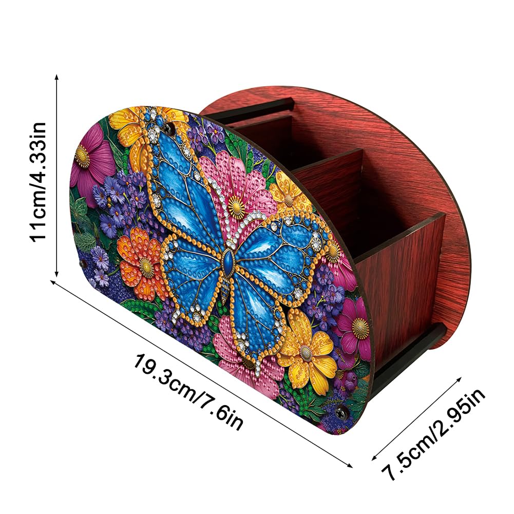 POETRYDRAW DIY Butterfly Diamond Art Painting Wooden Storage Box – Multi-Grid Moon Fan Makeup Brush Organizer, Double-Sided Drill Tabletop Holder for Women, Office & Home Decoration