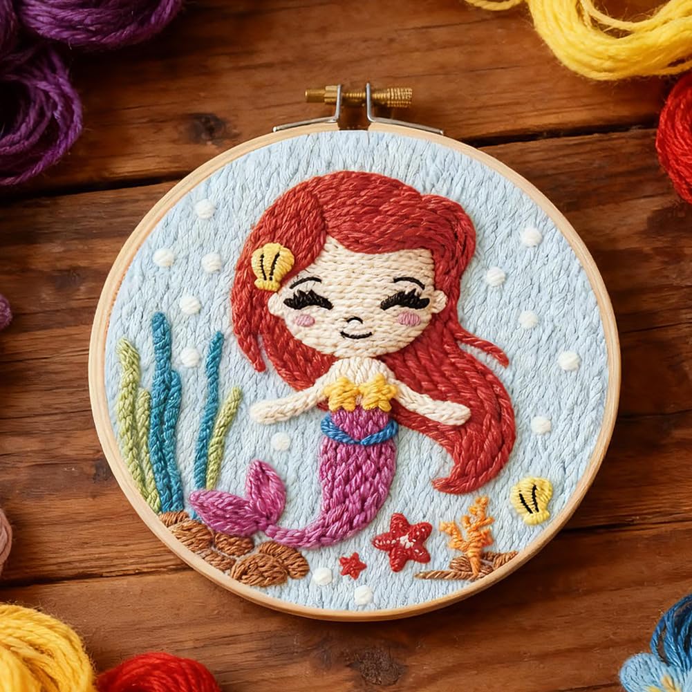 INFUNLY Mermaids Punch Needle Kit Round 8.7" DIY Embroidery Punch Needle Set for Adult Fairy Tales Punches Stitching Starter Kits with Easy to Follow Instruction Yarns Fabric Festival Gift Home Decor