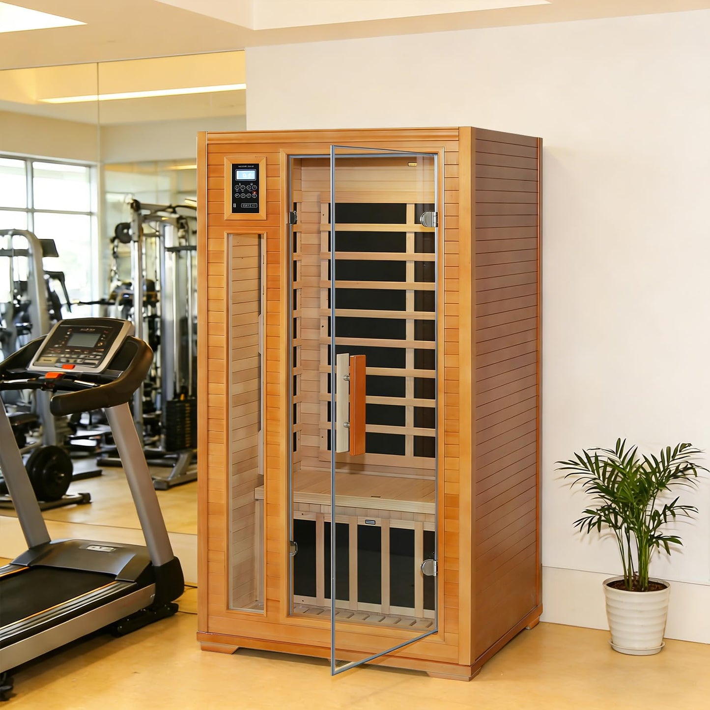 EAGLE PEAK 1-2 Person Low EMF Far Infrared Sauna, Red Light and Chromotherapy Lighting, Bluetooth Speakers, USB Port, Indoor Dry Heat Sauna, Canadian Hemlock Wood, Brown