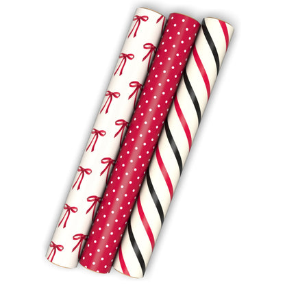 Hallmark Red and Black Wrapping Paper Mini Rolls, 3-Pack (Bows, Diagonal Stripes, Polka Dots) for Valentine's Day, Birthdays, Mother's Day, Bridal Showers - 45 Sq. Ft. Total