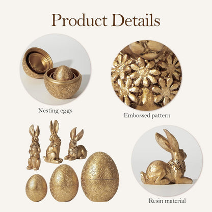 6PCS 3 3 DN DECONATION Easter Decorations with Rabbits and Nesting Easter Eggs, Small Gold Easter Bunny Figurines