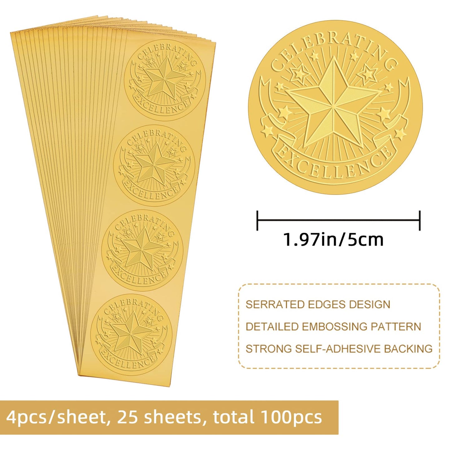 CRASPIRE 2 Inch Gold Embossed Envelope Seals Stickers Celebrating Excellence 100pcs Round Adhesive Gold Foil Seals Stickers Medal Decoration Label for Wedding Invitations Certification Corporate