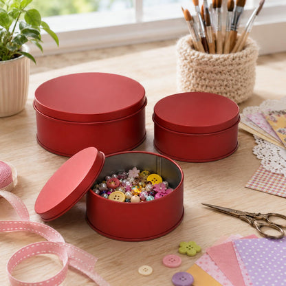 LUOZZY 3 Pcs Round Metal Cookie Tins Red Candy Storage Containers For Baking Pastries Craft Supply And Holiday