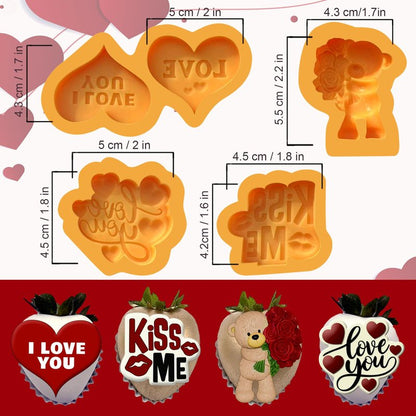 Valentines Day Silicone Molds – 4- Piece Set with Bear, Hearts & Love Phrases | Silicone Valentines Molds for Chocolate, candy, Fondant, Resin, perfect size for chocolate covered strawberries.