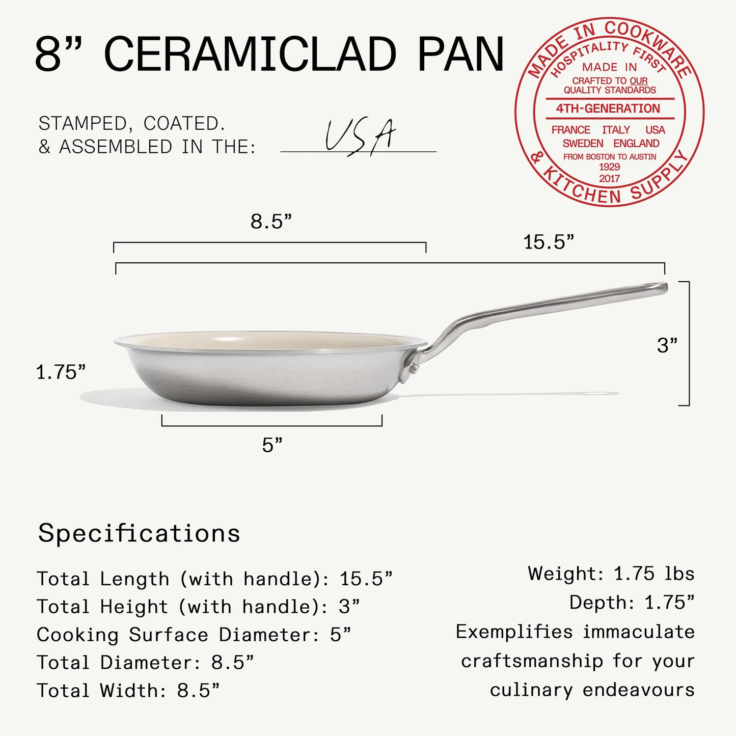 Made In Cookware - 8" Ceramic Non Stick Frying Pan (Discontinued CeramiClad 1.0) - 5-Ply Stainless Clad with Stay-Cool Handle - Professional Cookware - Crafted in USA - Induction Compatible