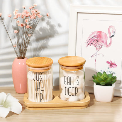 Funny Qtip Holder Dispenser 2 Pack Glass Apothecary Jars Canisters with Tray, Cotton Ball Qtip Holder Bathroom Set with Bamboo Lids for Cotton Swab Farmhouse Bathroom Storage Organization