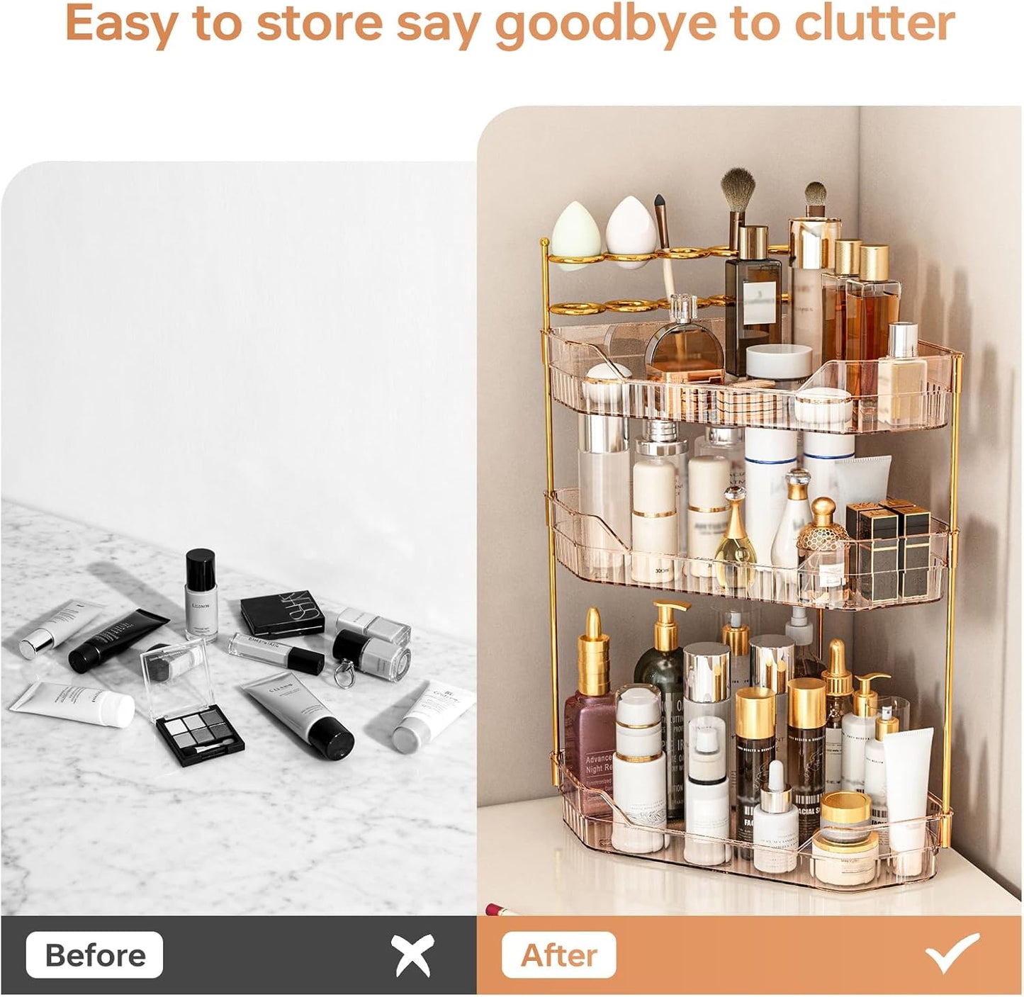 Counter Countertop, 3-Tier) Corner Bathroom Organizer with Makeup Brush Holder & Toothbrush Holders, Makeup Organizer