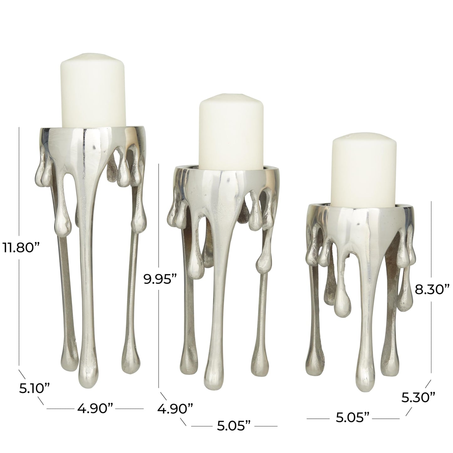 CosmoLiving by Cosmopolitan Aluminum Metal Abstract Decorative Candle Holder Melting Drip Candle Stand, Set of 3 Candlestick Holder 12", 10", 8"H, Silver