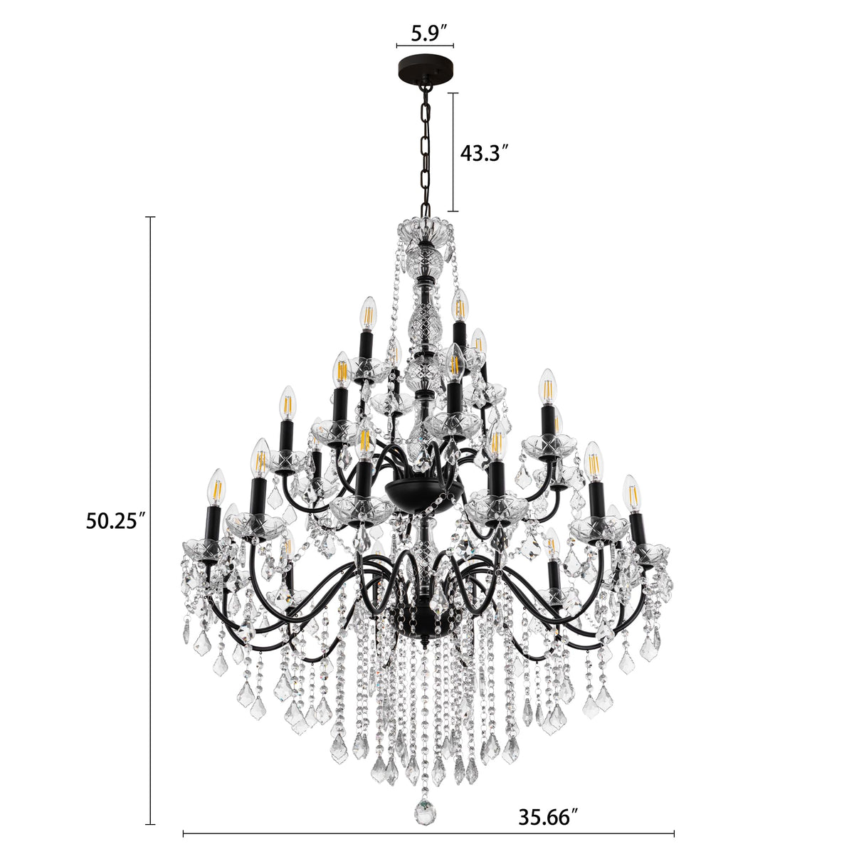 Wellmet Black Chandelier Light Fixture, Luxury Maria Theresa Crystal Chandeliers for High Ceiling Foyer, 24 Lights Hanging Pendant Light for Living Room EntryWay Hall Staircase Large 35.66" (Black)