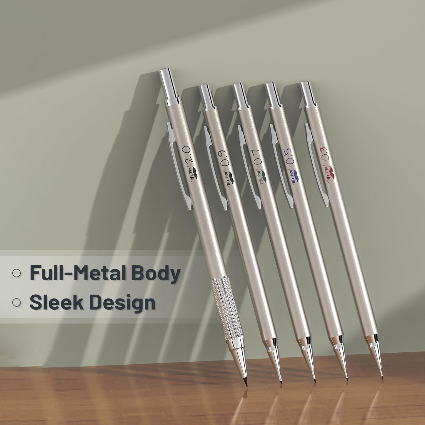 Mr. Pen- Metal Mechanical Pencil Set with Lead and Eraser Refills, 5 Sizes, 0.3, 0.5, 0.7, 0.9, 2mm, Drafting, Sketching, Architecture, Drawing Metal Mechanical Pencils
