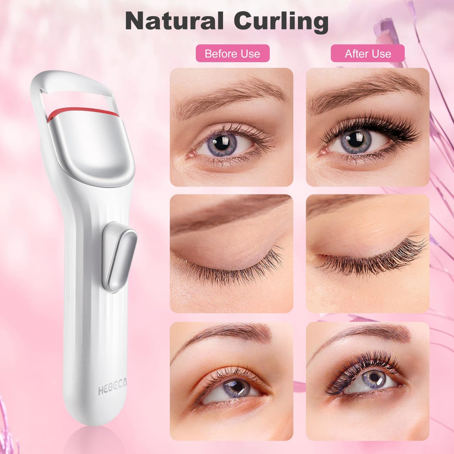 HEBECA Heated Eyelash Curler Professional - Eye Lashes Curler with Innovative Heating Silicone, Electric Eyelashes Curler with 600mAh Rechargeable Battery EC4001 (White)
