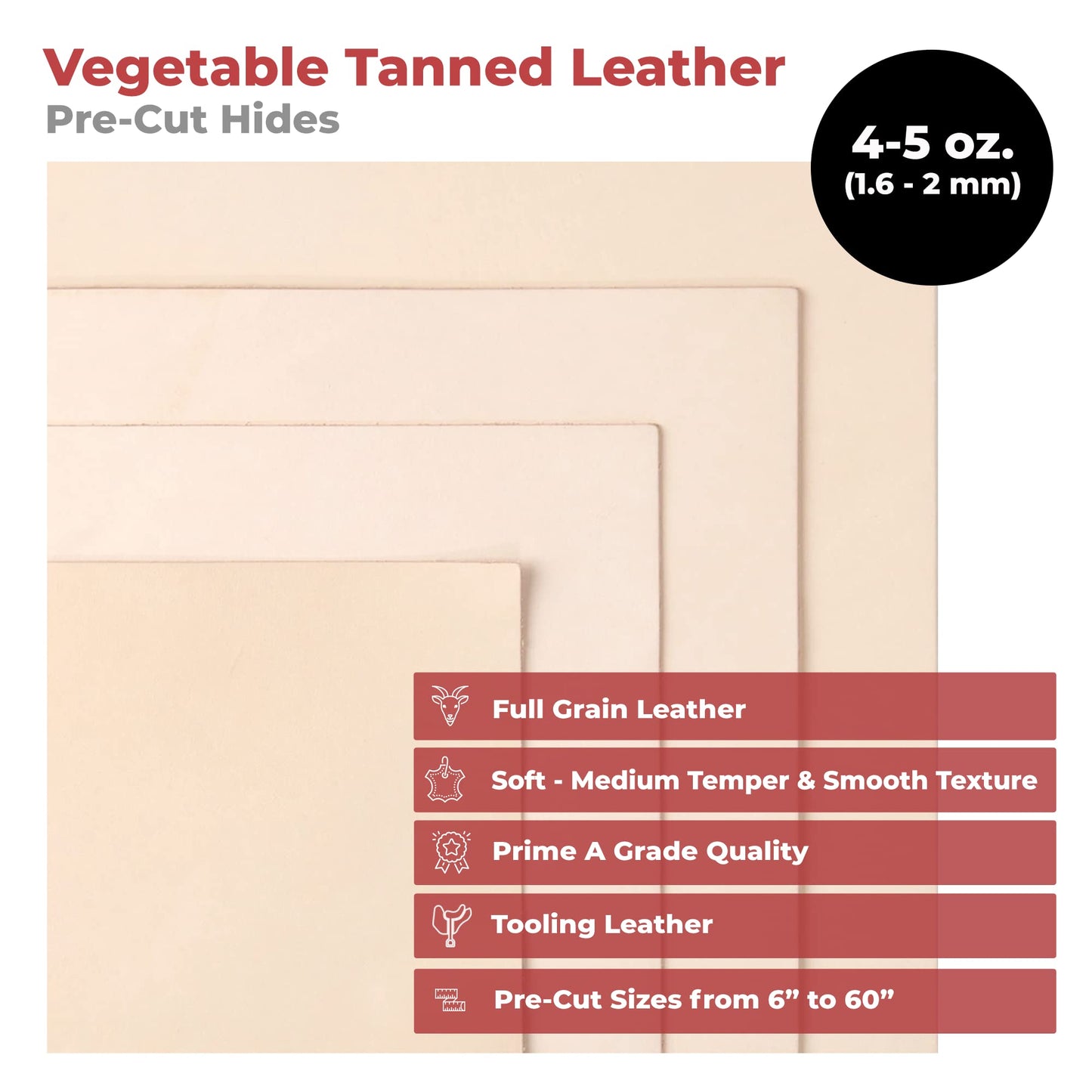 ELW Full Grain Cowhide Leather 4-5 oz [1.6-2mm] Thickness in Pre-Cut Size: 12"x24", AB Grade Hide Vegetable Tanned Leather Using for Tooling, Carving, Molding, Dyeing Material for Craft, Hobby