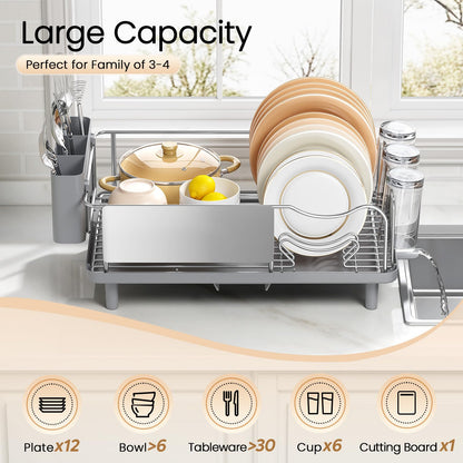Dish Drying Rack Large Capacity - Stainless Steel Dish Rack for Kitchen Counter with Drain Board, Rustproof Dish Drainer with Auto Drain Spout Utensil Holder Glass Holder, Dinnerware Organizer, Gray