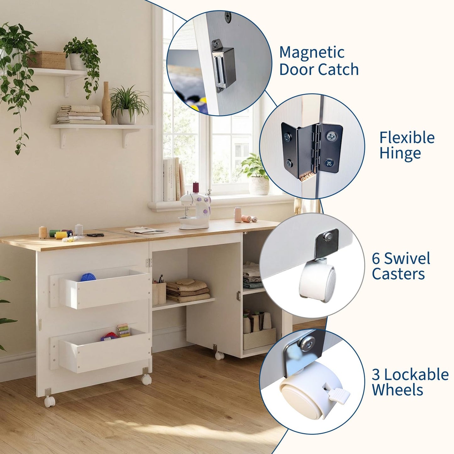 Large Folding Sewing Table, 63" x 19" x 29.5" Multipurpose Portable Craft Station & Side Desk with Compact Design, Caster Wheels, Storage Shelves, 2 Storage Trays, Magnetic Doors, White + Natural