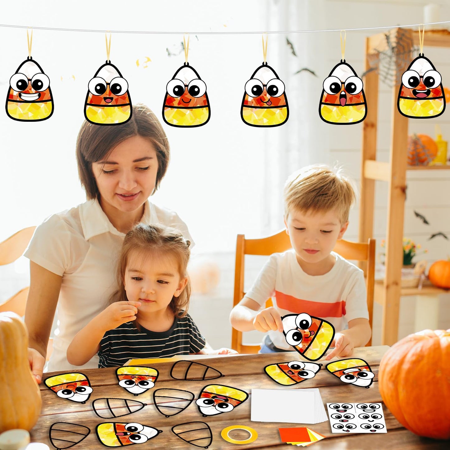 36Pcs Halloween Suncatchers Craft for Kids DIY Candy Corn Tissue Paper Craft set DIY Stained Glass Effect Paper Sun Catcher for Window Classroom Activities Halloween Party Decorations Favors