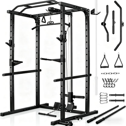 JEEKEE Power Rack with LAT Pulldown, 2000LBS Power Cage with Cable System, Multi-Function Squat Rack with J-Hooks, Safety Bars, Landmine, Pull Up Bar & Attachments for Home Gym Strength Training,Black