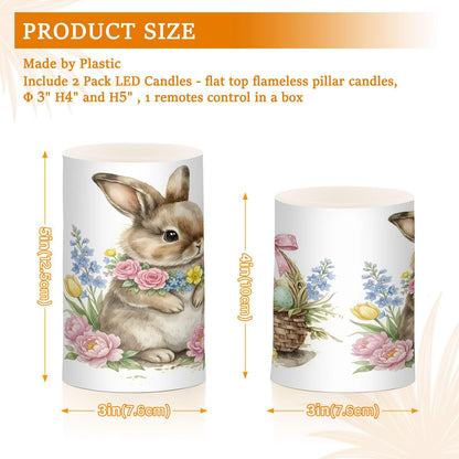 ALAZA Cute Watercolour Little Rabbit Easter Flickering Flameless Candles Battery Operated with Remote Timer,Tea Light Candles LED Pillar Votive Candles Set of 2 for Outdoor Indoor Decorations