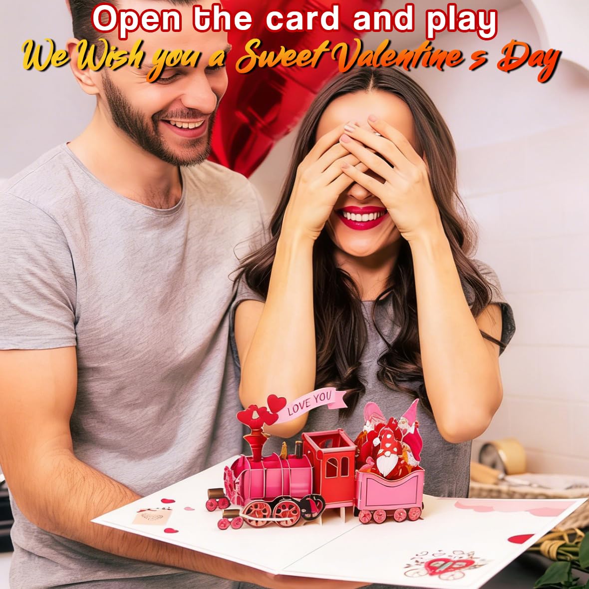 Caughttui 3D Pop Up Valentines Train Card, 3D valentine's day Gift Cards, Valentines Day Gifts