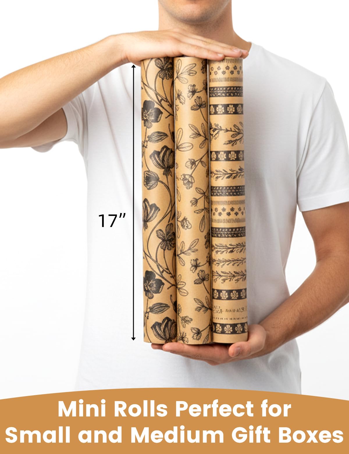 Kraft Floral Wrapping Paper- 3 Mini Rolls, 17 Inch x 9.8 Feet Each- 80gsm Gift Wrapping Paper with 33Ft Wrapping Twine, Grid Lines on Reverse- Perfect for Birthday Mother’s Day Wedding Christian Gifts