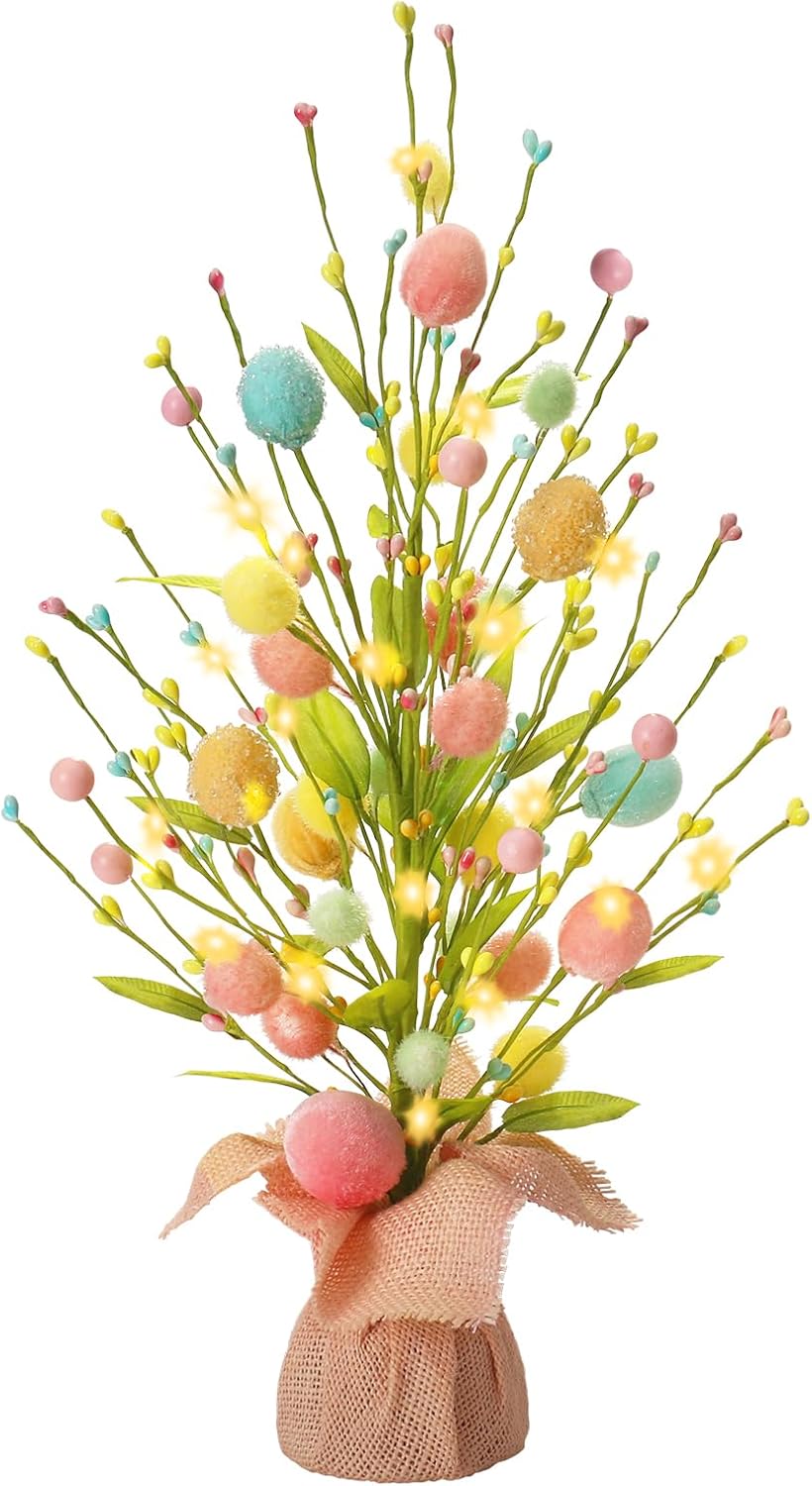 18 Inch Summer RoseCraft Easter Decorations, Artificial Pre-Lit Easter Egg Tree Tabletop Decor with Delicate Ornaments