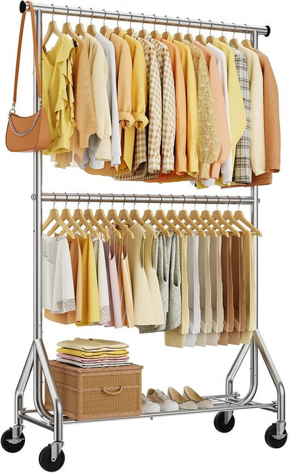 HYSEYY Heavy Duty Clothes Rack - Adjustable Double Rod Garment Rack for Bedroom & Laundry | Silver