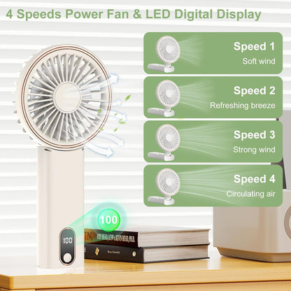 Mini Handheld Fan, Powerful Battery Operated Fan with LED Display, 4 Speed Adjustable for Travel