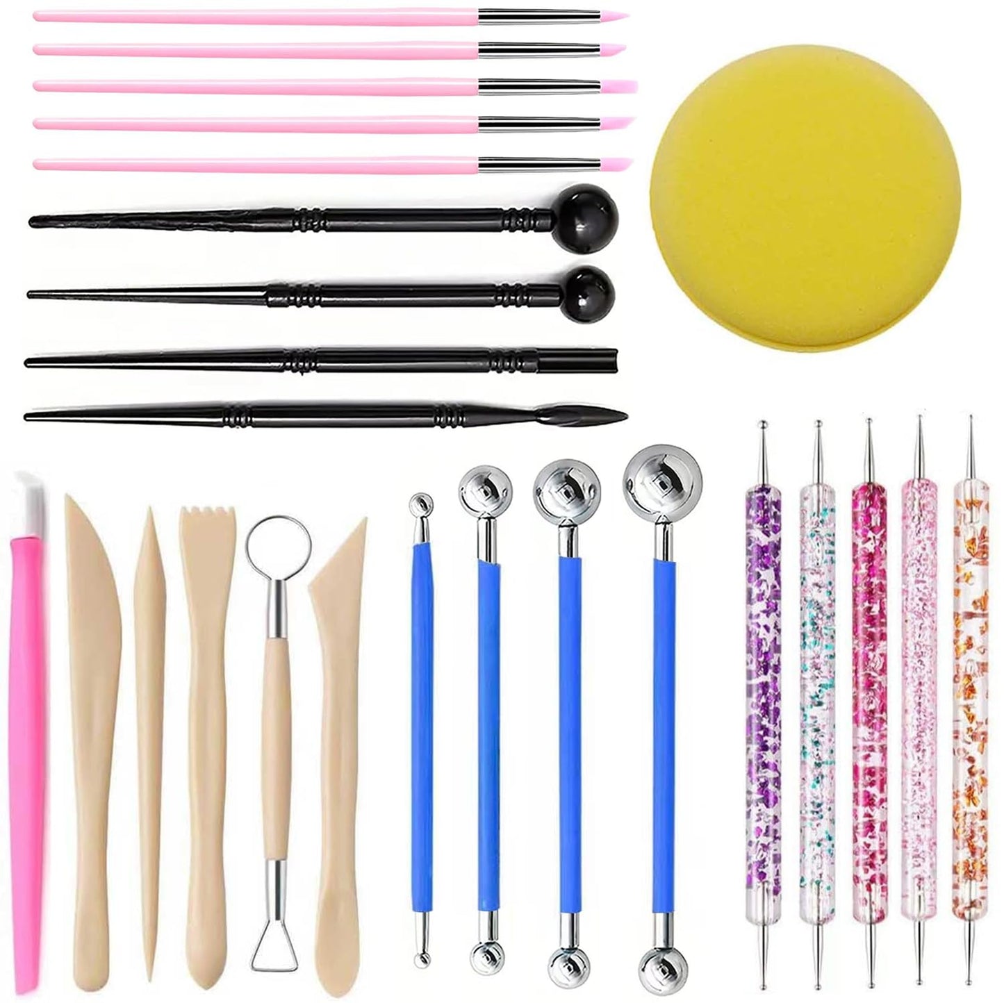 25Pcs Clay Sculpting Tool Set, Polymer Clay Kit with Ball Stylus Pens, Wooden Carving Tools, Dotting Pens & Smoothing Sponge, Multi-Function Craft Tools for Pottery, Ceramic & Nail Art