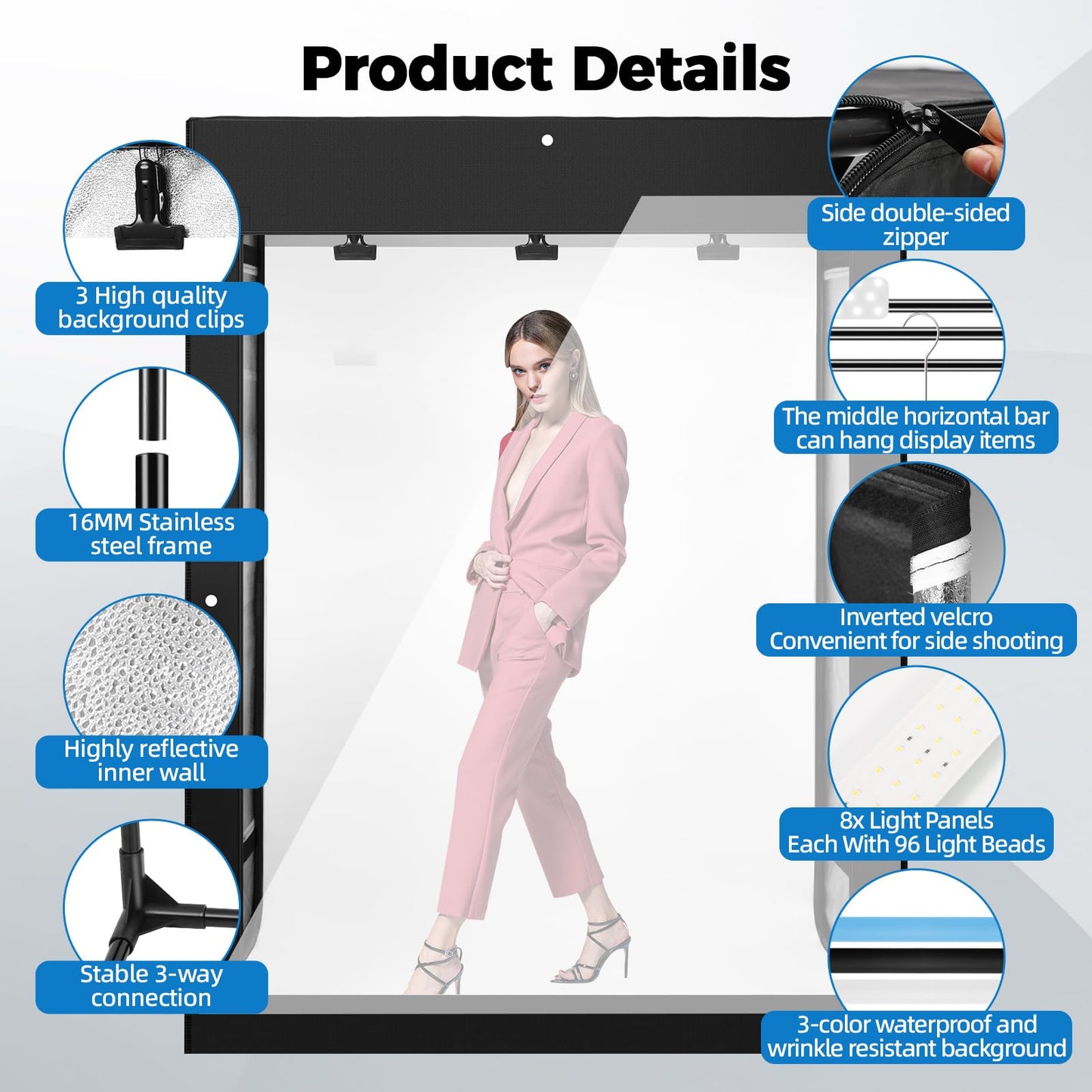 Photo Light Box, Portable 47"x39"x78" Photo Studio Light Box, Shooting Tent Kit with 768 Light Beads and 3 Color Backdrops. Large Lightbox with 6 Stepless Dimming Light Boards for Photography