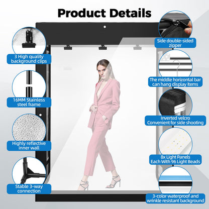 Photo Light Box, Portable 47"x39"x78" Photo Studio Light Box, Shooting Tent Kit with 768 Light Beads and 3 Color Backdrops. Large Lightbox with 6 Stepless Dimming Light Boards for Photography