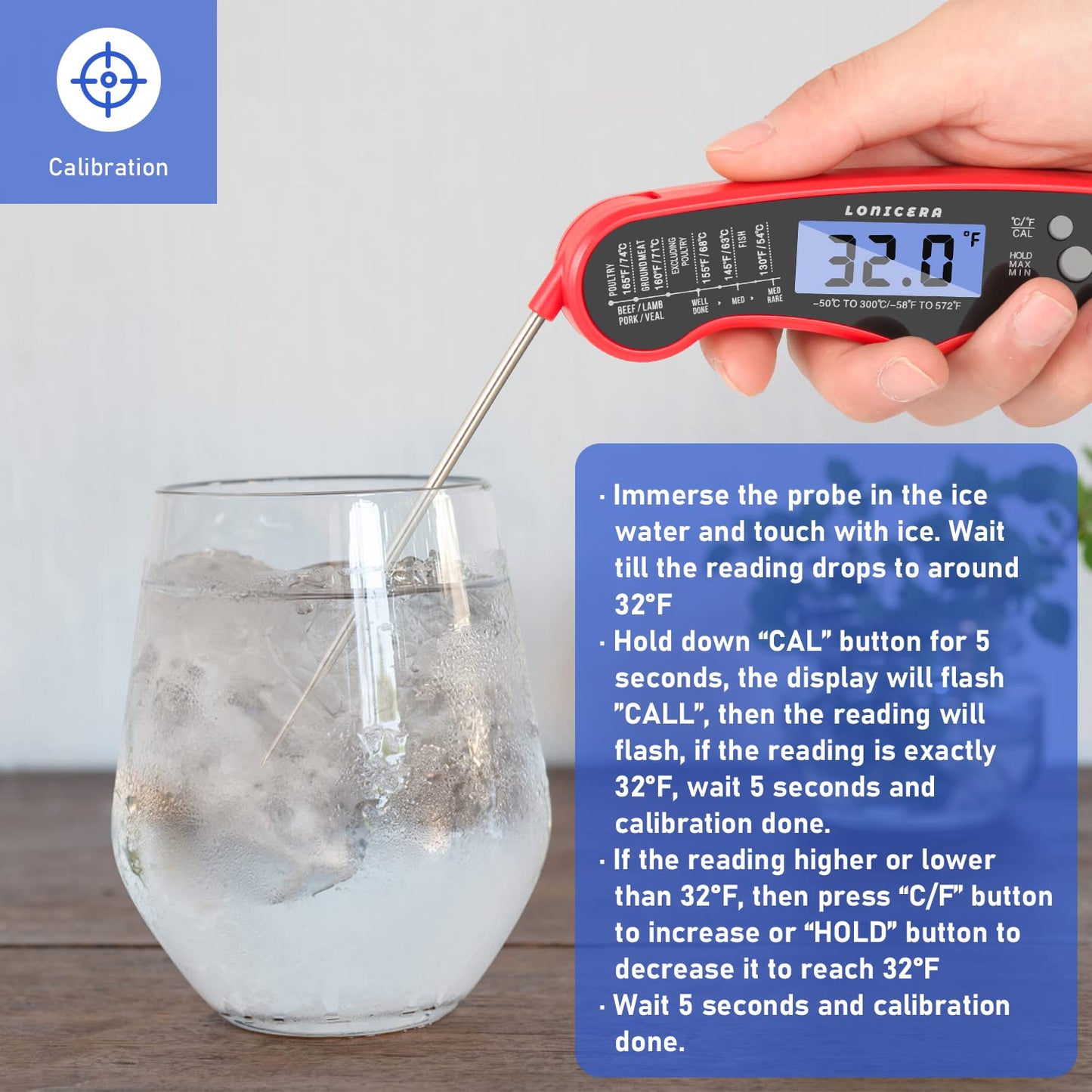 Lonicera Digital Thermometer for Cooking Food and Meat. Waterproof & Instant Read for Kitchen Baking, BBQ. with Foldable Probe, Backlight & Calibration (Red)