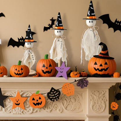 Yanleen Halloween Decorations Indoor, Set of 3 Primitive Halloween Ghosts with Witch Hat Bat on Wooden Stand Spooky Halloween Table Decor Table Centerpieces, Tiered Tray Decor, Shelves Mantels