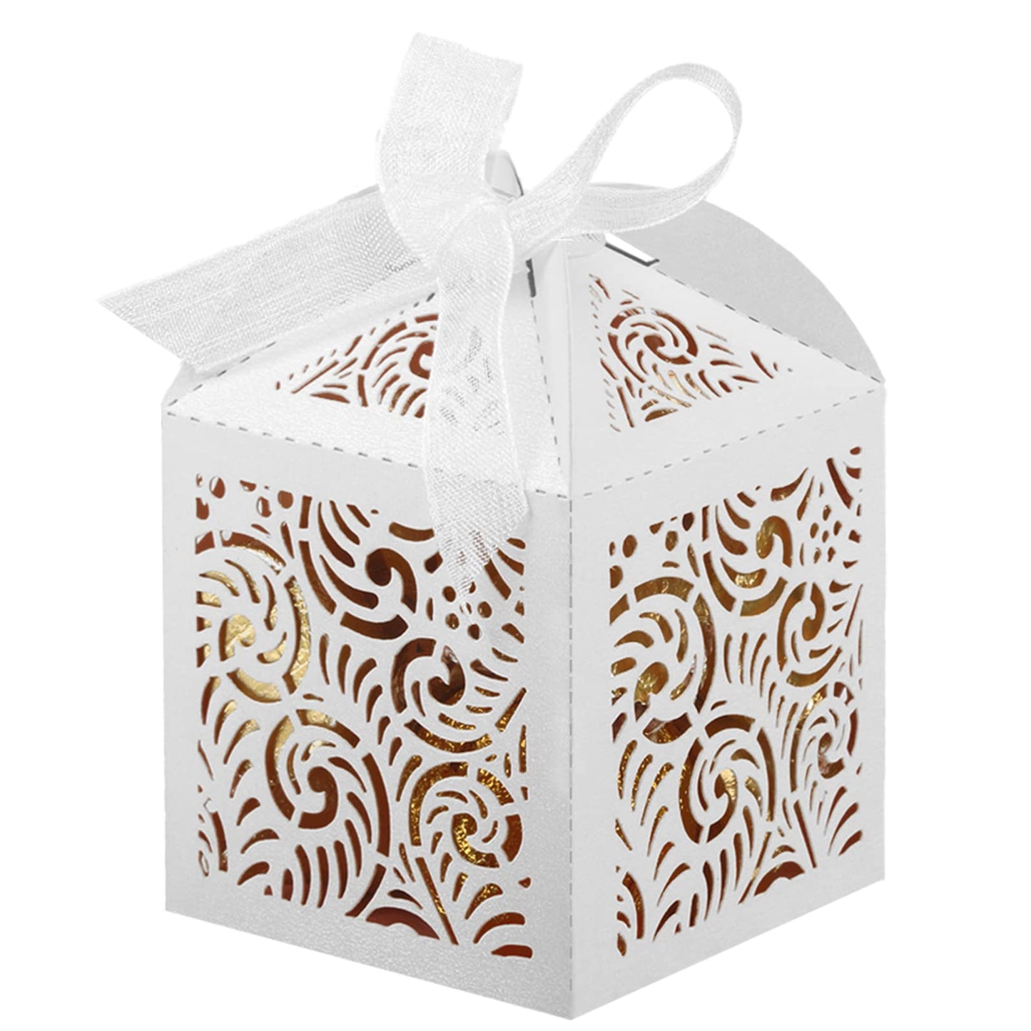 COTOPHER 100Pcs Laser Cut Favor Boxes, 2x2x2.75in Small Gift Boxes for Presents, Party Wedding Favors Boxes with Ribbon, Mini Candy Boxes for Event Bridal Shower Anniversary Birthday Christmas, White