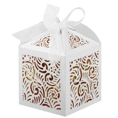 COTOPHER 100Pcs Laser Cut Favor Boxes, 2x2x2.75in Small Gift Boxes for Presents, Party Wedding Favors Boxes with Ribbon, Mini Candy Boxes for Event Bridal Shower Anniversary Birthday Christmas, White