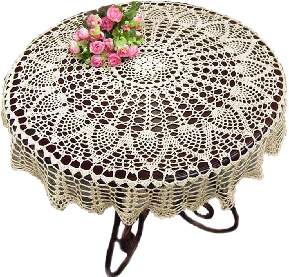 KEPSWET 36 inch Round Sunflower Beige Handmade Crochet Lace Tablecloth Doily