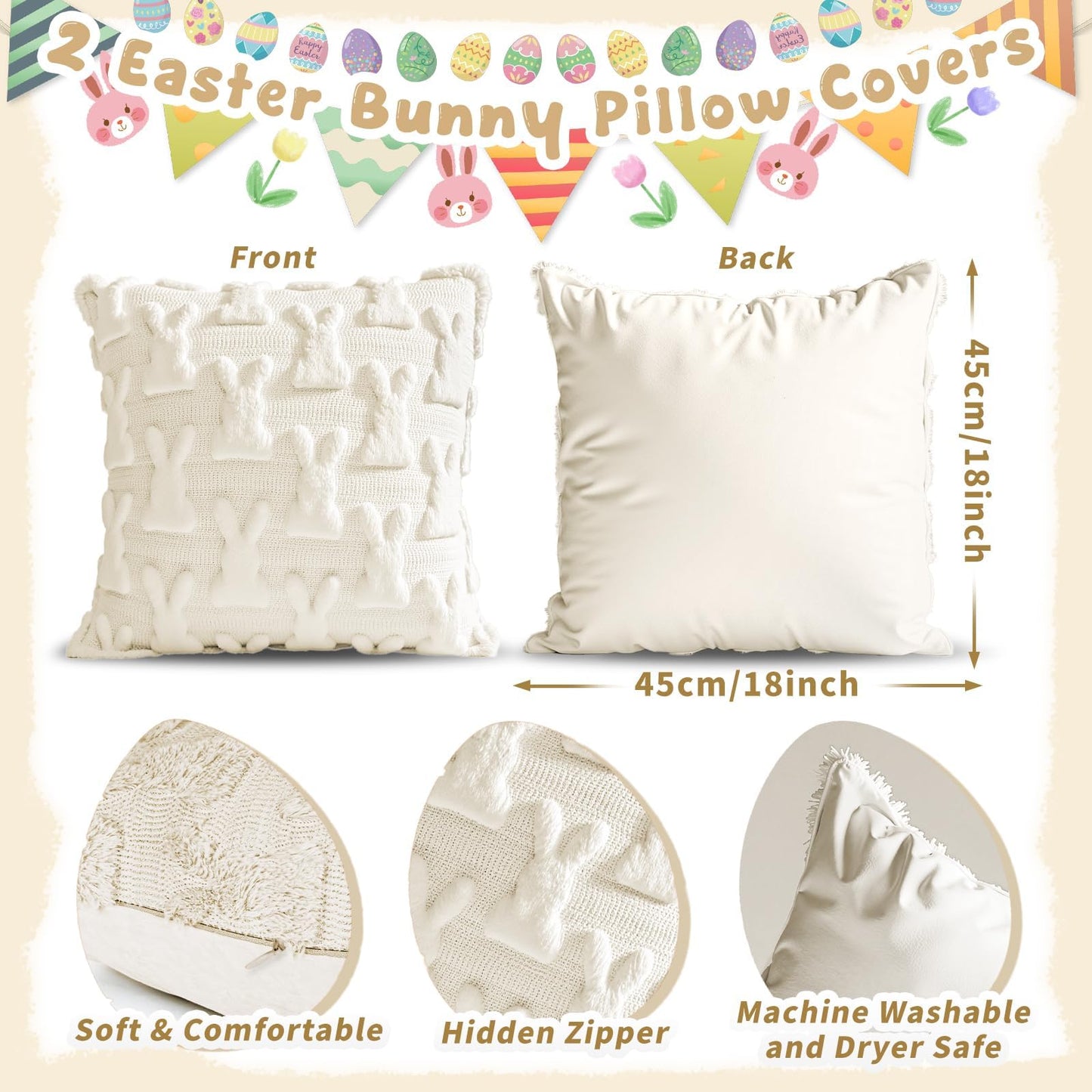 AONSOULE Easter Pillow Covers 18x18, 2Pcs Soft Beige Bunny Pillow Covers with Hidden Zipper, Easter Home Decorations Cute Spring Home Decors for Sofa Bedroom