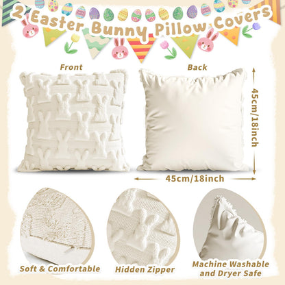 AONSOULE Easter Pillow Covers 18x18, 2Pcs Soft Beige Bunny Pillow Covers with Hidden Zipper, Easter Home Decorations Cute Spring Home Decors for Sofa Bedroom