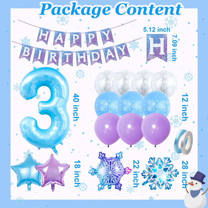 Frozen Birthday Party Decorations, with 40 Inch Blue Number 3 Balloon, Frozen Birthday Banner and Foil Snowflake Balloons for 3rd Party Decor Supplies