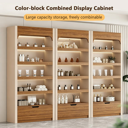 VGRDROK Retail Display Cabinet, Wooden Perfume & Cosmetic Display Shelf with Drawer, Freestanding Display Case for Beauty Salon, Boutique Store Khaki-0.63" Side Panel(with LED Strip) 39.4"