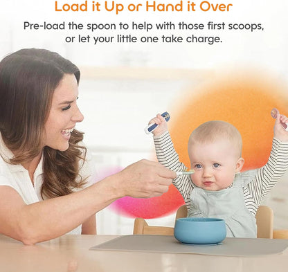 NumNum Baby Spoons Set - Silicone Self-Feeding Utensils for 6+ Months | BPA-Free, 2 Pack Blue/Yellow