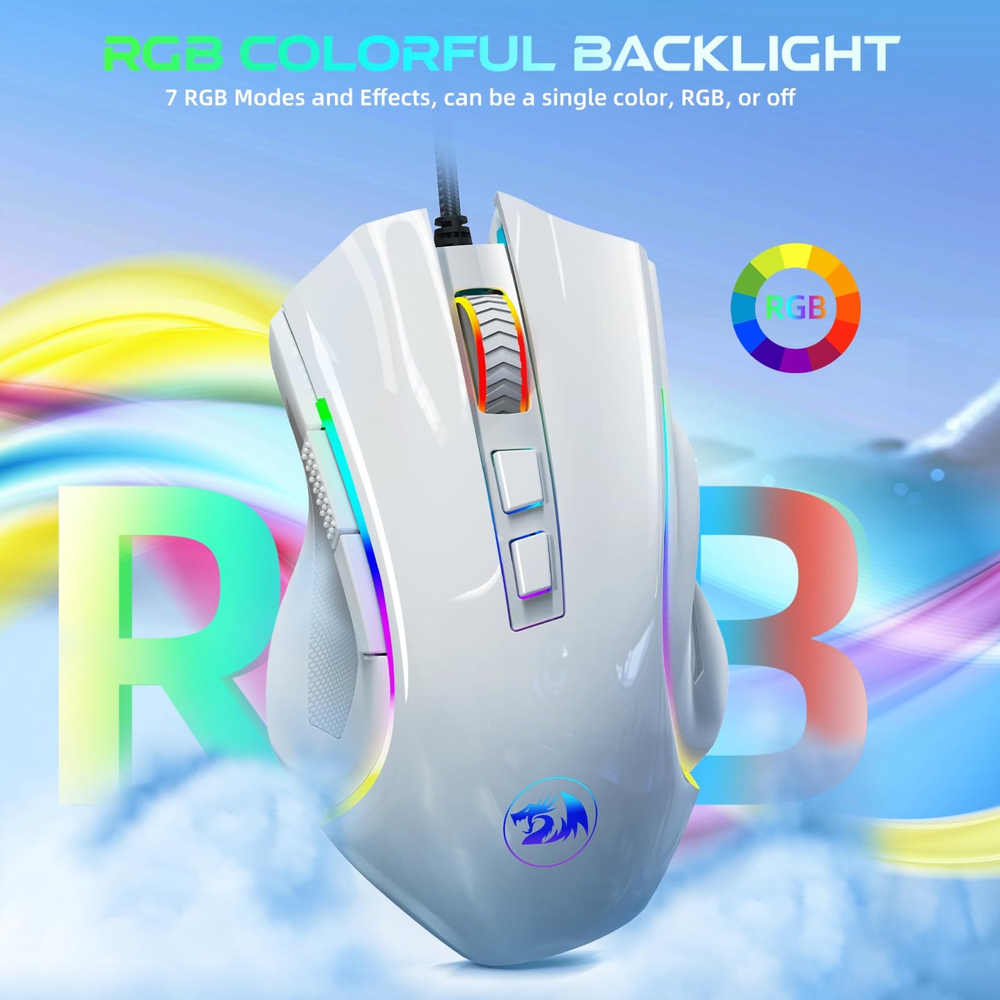 Redragon M602 Griffin RGB Gaming Mouse, RGB Spectrum Backlit Ergonomic Mouse with 7 Programmable Backlight Modes up to 8000 DPI for Windows PC Gamers (Black, Wireless)