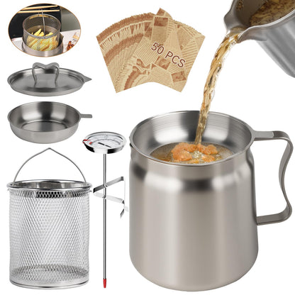 6 PCS 2L Oil Filter Pot Bacon Grease Saver with Strainer,68oz Large Capacity Fryer Pot with Basket,Cooking Thermometer & 50 Wax Papers,Stainless Steel Fryer for Kitchen Camping
