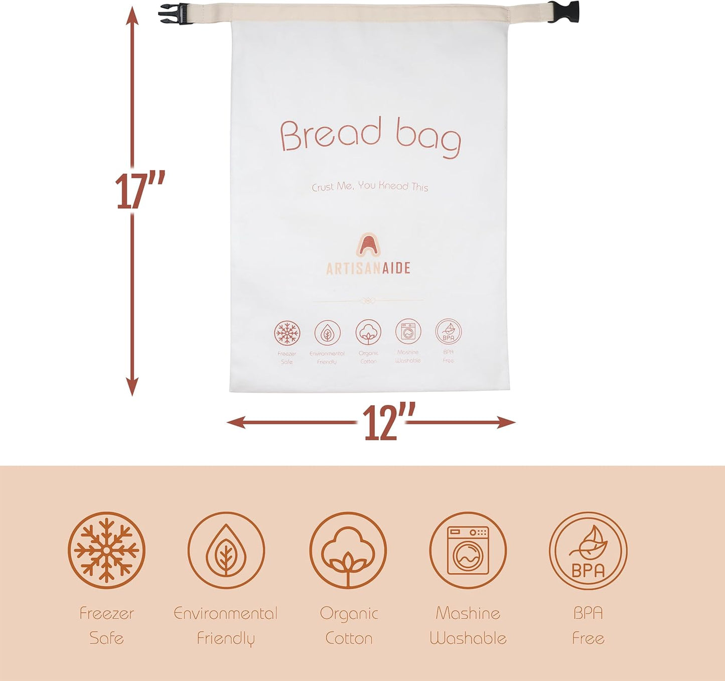 12x17 Reusable Bread Bag for Homemade Sourdough - in Organic Cotton + Food-Safe Lining Roll-Top Buckle Closure, Freezer