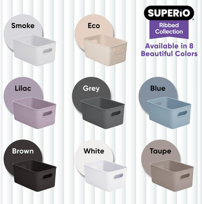 Superio Ribbed Collection Decorative Plastic Open Storage Bins, Medium Grey (2 Pack) for Organizing Closet and Shelves