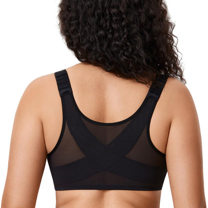 DELIMIRA Women's Front Closure Bras Posture Full Coverage Plus Size Underwire Unlined Back Support Plunge Seamless Bra B-H Cups Black 38DD