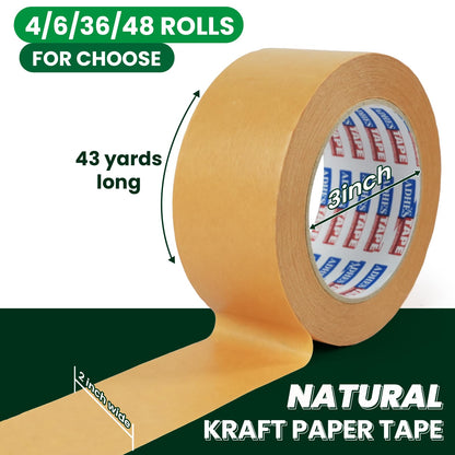 ADHES Kraft Paper Tape, 2 Inch x 44 Yards, 4 Rolls Writable & Uncoated Heavy Duty Paper Tape, Biodegradable Brown Packing Tape for Sealing, Packaging & Moving