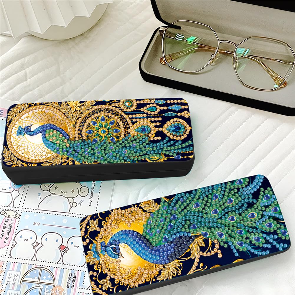 C'eitura 2Pcs 5D DIY Handmade Peacock Diamond Art Painting Glasses Case Kit, Handcrafted Eyeglass Holder Case, Exquisite Bird Christmas Valentine's Day Gift Set