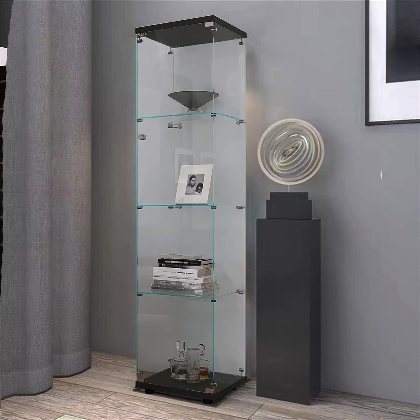 Acosure Glass Display Cabinet 4-Shelf,Curio Cabinets with Door,Floor Standing Bookshelf,Easy Assembly,for Bedroom Living Room Office,Black (17.00" L x 14.70" W x 64.00" H)